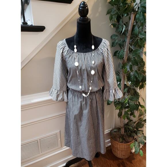 NY Collection Stripe Drawstring Dress Women Size 2X Black White Off the Shoulder - Picture 2 of 14